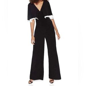 Halston Heritage Womens Cape Overlay Jumpsuit US 12 Black White Romper Wide Leg